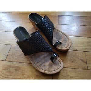 Donald J Pliner Black Woven Leather Cork Wedge Sandals Size 9M Toe Ring Slides